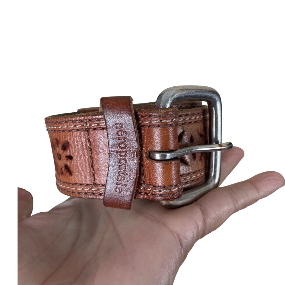 Aeropostale Brown Leather Floral Cutout Belt Silver Buckle Western Boho Y2K L
